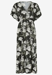 Maxikjole i sort stof med hvide blomster mønstre, V-udskæring, korte batwingærmer og elastisk talje for en afslappet pasform.