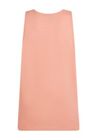 Tunik tanpa lengan berwarna peach yang terbuat dari kain lembut dan halus. Memiliki leher bulat dan potongan longgar, tanpa pola atau aksen yang terlihat.