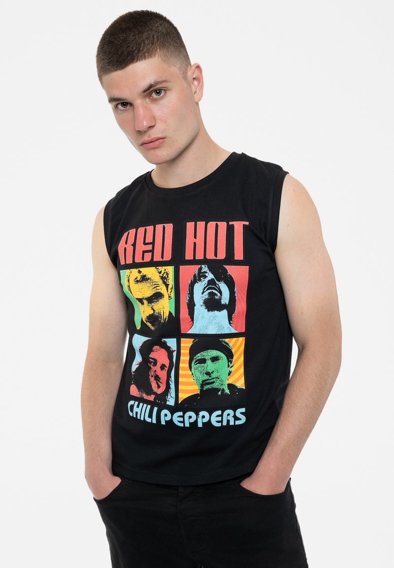 Black sleeveless t-shirt featuring colorful graphic prints of four faces with "RED HOT CHILI PEPPERS" text in bold at the bottom.