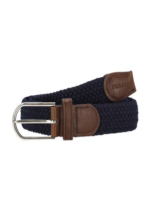Navy blue braided fabric belt with brown leather accents and a silver metal buckle, rolled up with "SEASIDE" embossed on leather end.