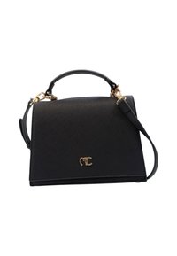 Borsa a tracolla nera strutturata realizzata in materiale sintetico testurizzato. Presenta un manico corto, una tracolla regolabile e un accento con logo in tono oro.