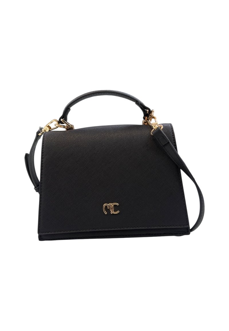 Borsa a tracolla nera strutturata realizzata in materiale sintetico testurizzato. Presenta un manico corto, una tracolla regolabile e un accento con logo in tono oro.