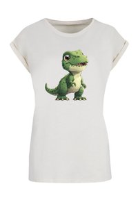 White short-sleeve t-shirt featuring a cartoon green dinosaur graphic on the front. Soft cotton material with a relaxed fit.