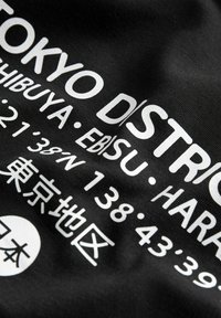Tela negra con texto blanco en negrita que presenta coordenadas geográficas y nombres de distritos, incluyendo "Distrito de Tokio," "Shibuya" y "Ebisu."