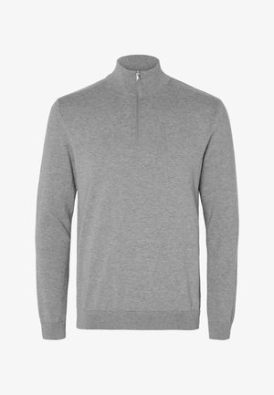 Sweater cinza de pulôver com gola alta, mangas longas e frente com zíper. Feito de um tecido macio e texturizado. Apresenta bainha e punhos canelados.