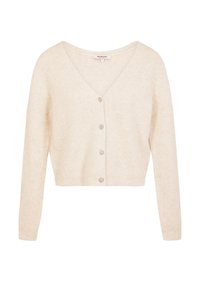 Cardigan accorciato in morbido tessuto a costine color crema. Presenta un collo a V e cinque bottoni a forma di cuore sul davanti. Maniche lunghe.