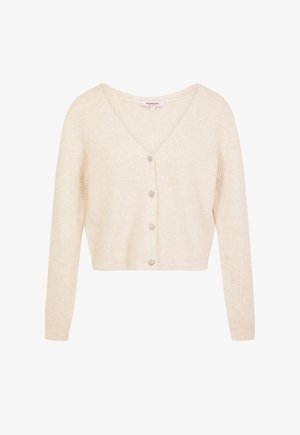 Cárdigan recortado en suave tejido de canalé color crema. Presenta un cuello en V y cinco botones en forma de corazón en la parte delantera. Mangas largas.