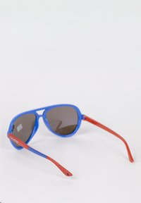 Blue plastic sunglasses with dark brown lenses, featuring red patterned temples with a grid design and logo detail.