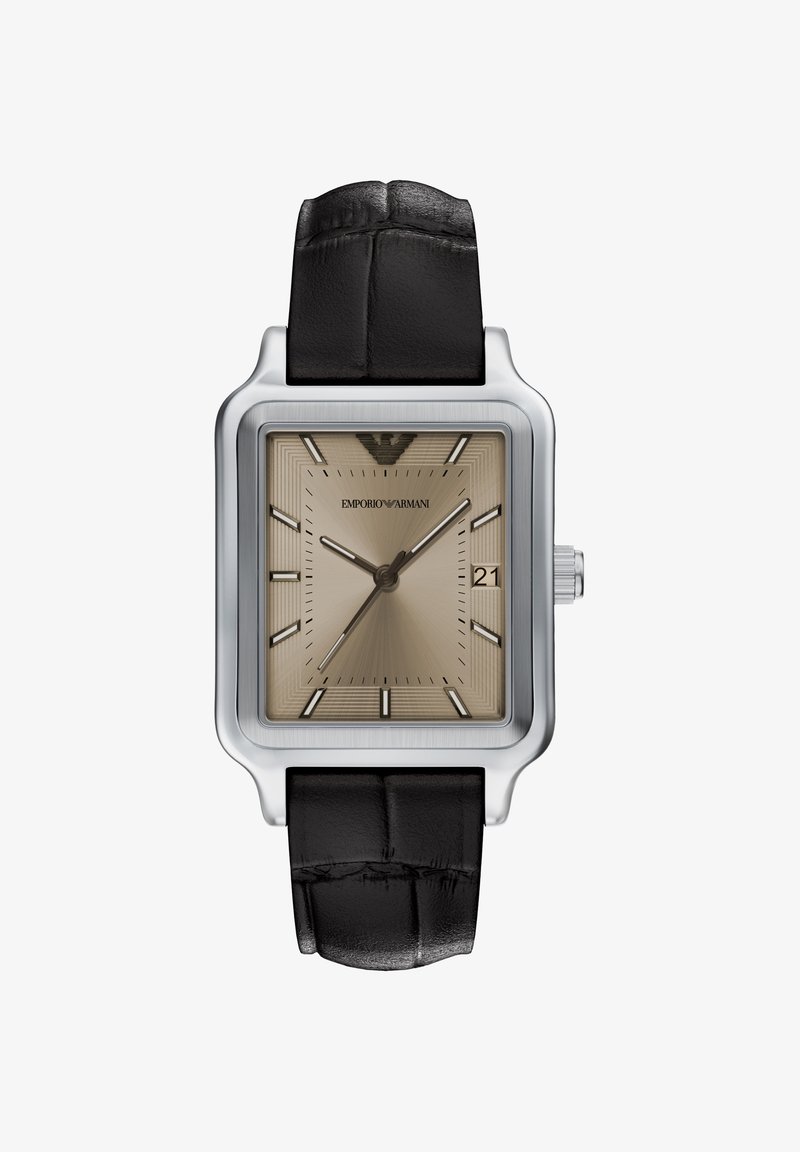 Quadratische Uhr aus Edelstahl mit beigem, strukturiertem Zifferblatt, schwarzem Lederarmband, silbernen Stundenmarkierungen und Datumsanzeige bei 3 Uhr.