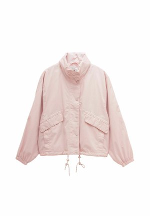 Hellrosa legere Jacke mit hohem Kragen, vorderen Druckknöpfen, zwei Klappentaschen, elastischen Bündchen und verstellbaren Kordelzügen am Saum.