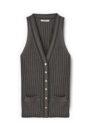 Cárdigan sin mangas gris oscuro con tejido acanalado, cuello en V, botones en la parte delantera, dos bolsillos frontales y ribete negro en los bordes.