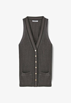 Cárdigan sin mangas gris oscuro con tejido acanalado, cuello en V, botones en la parte delantera, dos bolsillos frontales y ribete negro en los bordes.