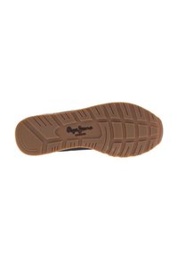 Rubber shoe sole with a textured brown design. Features deep grooves for traction and a logo embossed near the heel.