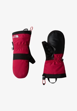 Muffole isolate rosse e nere con polsini elasticizzati, un logo sul polso e una clip per una chiusura sicura. Materiale liscio e testurizzato.