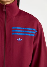 Giacca zip-up bordeaux con colletto alto, caratterizzata da tre strisce blu sul petto e un piccolo logo blu in basso. Tessuto testurizzato.