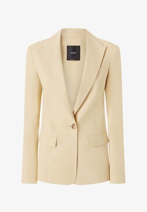Bež blazer s krojem, zatvoren na jedan gumb, s izrezanim reverima, dva prednja džepa i glatkom teksturom. Dizajniran za uski siluetu.