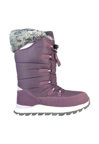 Botín de invierno morado con un cuello de piel sintética, con parte superior de tela texturizada, cierre de cordones y suela acolchada con un patrón de banda de rodadura resistente.