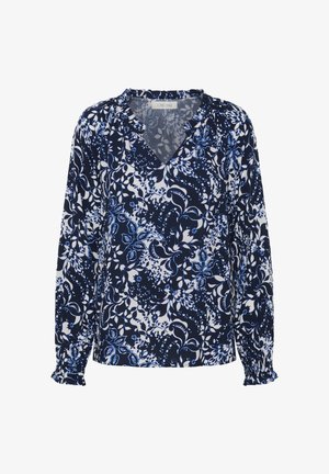 Marineblaue Bluse mit floralem Muster in Blau- und Weißtönen. Verfügt über einen V-Ausschnitt und lange Ärmel mit gerafften Bündchen. Weicher Stoff.