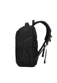 Zaino nero con schienale imbottito, spallacci regolabili e molteplici scomparti con zip. Realizzato in tessuto resistente con dettagli in rete.