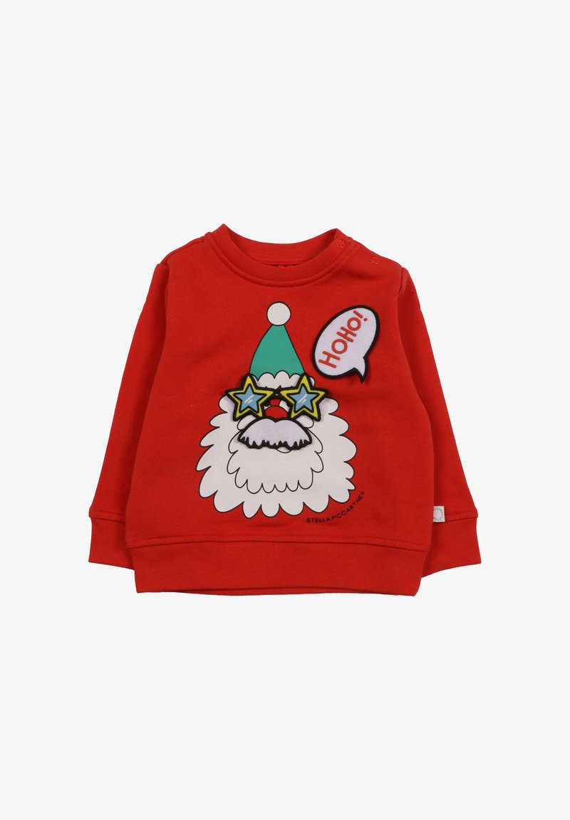 Sweatshirt rouge avec un visage de Père Noël, une barbe blanche, un chapeau vert et des lunettes en forme d'étoile. Comprend une bulle de parole avec le texte "Ho Ho !".