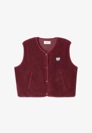 Burgundy fleece vest with a textured surface, featuring a V-neck, two front pockets, and snap button closure. Includes a small patch logo.