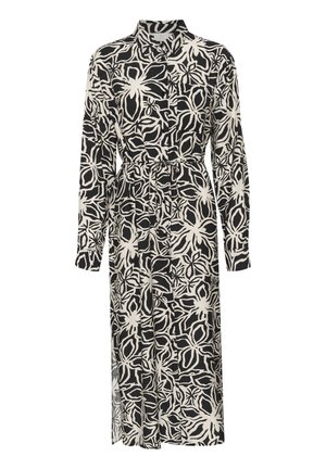 Abito lungo a camicia con un motivo floreale in bianco e nero, dotato di una vita da annodare e maniche lunghe, realizzato in tessuto leggero.
