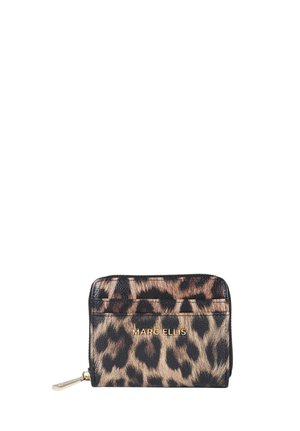 Piccolo portafoglio con cerniera con stampa leopardata e logo dorato "Marc Ellis" sul davanti, con più scomparti per carte.