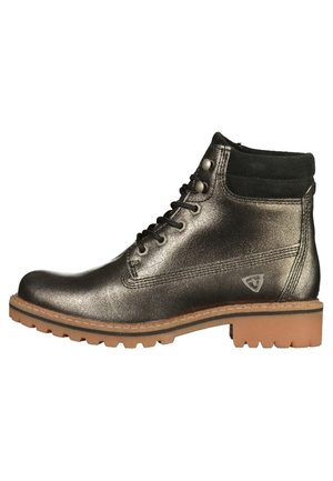 Bottine en cuir marron foncé métallisé avec col rembourré noir, lacets à l’avant, et semelle en caoutchouc épaisse de couleur noisette avec motif antidérapant.