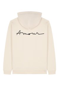 Felpa leggera beige realizzata in tessuto morbido, caratterizzata da un ricamo nero con la parola "Amour" centrata sul retro. Include un cappuccio con cordini e polsini a costine.