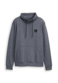 Donkergrijze pullover hoodie met kangoeroezak, hoge kraag met verstelbare trekkoorden, en ribbels aan de mouwen en onderkant.