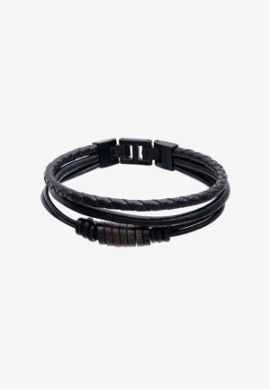 Schwarzes mehrsträngiges Lederarmband mit geflochtenen und glatten Bändern, zylindrischen schwarzen und braunen Akzentperlen und einem rechteckigen Verschluss.