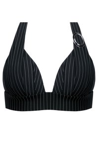 Czarny stanik z paskami w pionowy wzór, z dekoltem w kształcie litery V, ramiączkami na szyję oraz regulowanym akcentem w postaci pierścienia. Wykonany z gładkiego, elastycznego materiału.