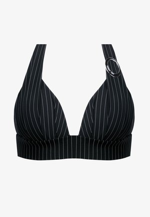 Czarny stanik z paskami w pionowy wzór, z dekoltem w kształcie litery V, ramiączkami na szyję oraz regulowanym akcentem w postaci pierścienia. Wykonany z gładkiego, elastycznego materiału.