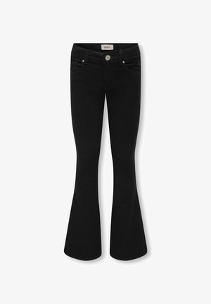 Black flared jeans with a smooth texture, featuring a button closure, five pockets, and stitching details on the seams.