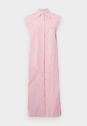 Rdeče in bele črtaste brezrokavnik obleka s kragnjim izrezom, dolga do tal in sprednjim gumbom. Ima dve stranski žep.