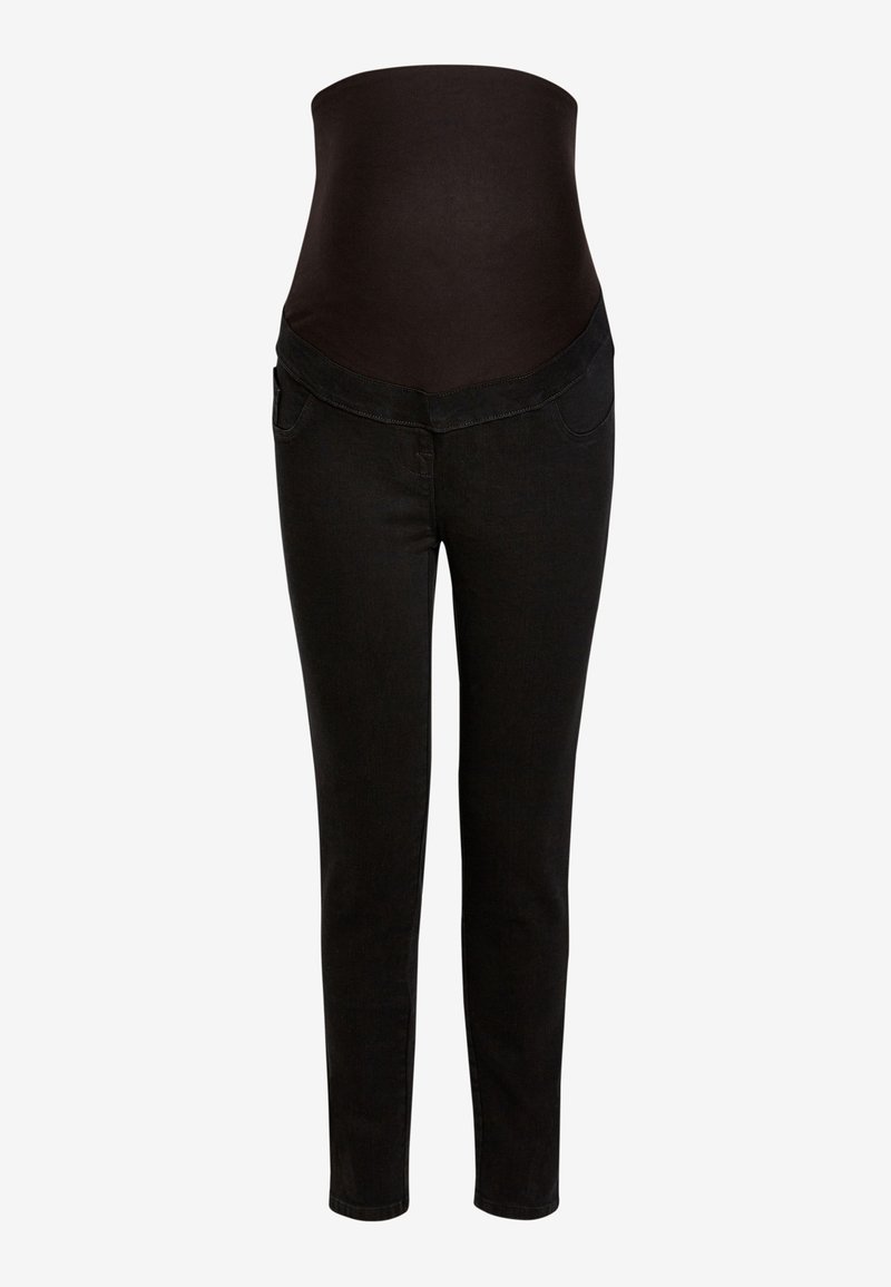 Černé těhotenské džíny s vysokým pružným pasem, úzkým střihem a dvěma bočními kapsami. Vyrobené z denimové tkaniny s hladkým povrchem.