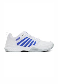 White athletic sneakers with blue accents, featuring a textured upper, six eyelets, and a rubber sole with a patterned tread. Branded "K-Swiss."