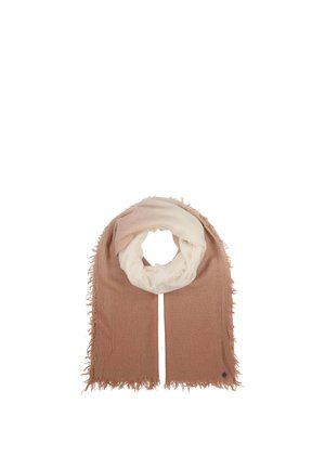 Écharpe douce avec des blocs de couleur beige clair et marron, bords frangés et petite étiquette ronde noire à une extrémité.