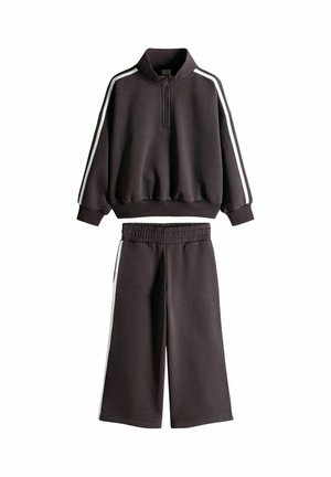 Dark brown two-piece tracksuit with white side stripes, featuring a long-sleeve zip-up top and wide-leg elastic waist pants.