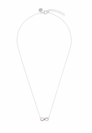 Collana a catena d'argento con un piccolo pendente a forma di infinito decorato con pietre preziose rosa e bianche alternate, dotata di chiusura a moschettone e catenina di prolunga.