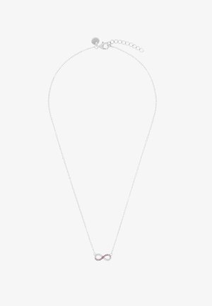 Collana a catena d'argento con un piccolo pendente a forma di infinito decorato con pietre preziose rosa e bianche alternate, dotata di chiusura a moschettone e catenina di prolunga.
