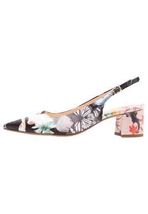 Blomster slingback hæl med spids tå, med et flerfarvet mønster på stoffet og en blokhælt med et struktureret blomstermønster.