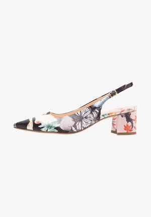 Kukkakuvioinen slingback-korkokenkä, jossa on terävä nenä, monivärinen kangasmateriaali ja kuutiomaista korkoa, jossa on teksturoitu kukkakuvio.