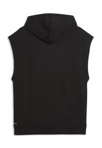 Πίσω όψη ενός μαύρου αμάνικου φούτερ με κουκούλα και ριμπ τελείωμα, κατασκευασμένο από λείο ύφασμα.