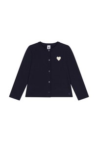 Cardigan blu navy realizzato in tessuto morbido, con scollatura rotonda, maniche lunghe e un piccolo design a cuore color crema sul lato sinistro del petto.