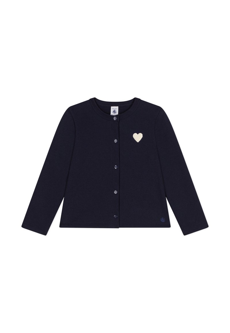 Cardigan blu navy realizzato in tessuto morbido, con scollatura rotonda, maniche lunghe e un piccolo design a cuore color crema sul lato sinistro del petto.