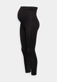 Leggings de maternidade pretos com uma cintura alta, feitos de um tecido elástico, apresentando uma textura suave e uma silhueta ajustada.