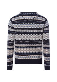 Granatowy sweter z wzorzystymi paskami w jasnoniebieskim, beżowym i białym kolorze. Okrągły dekolt, długie rękawy, teksturowana dzianina.