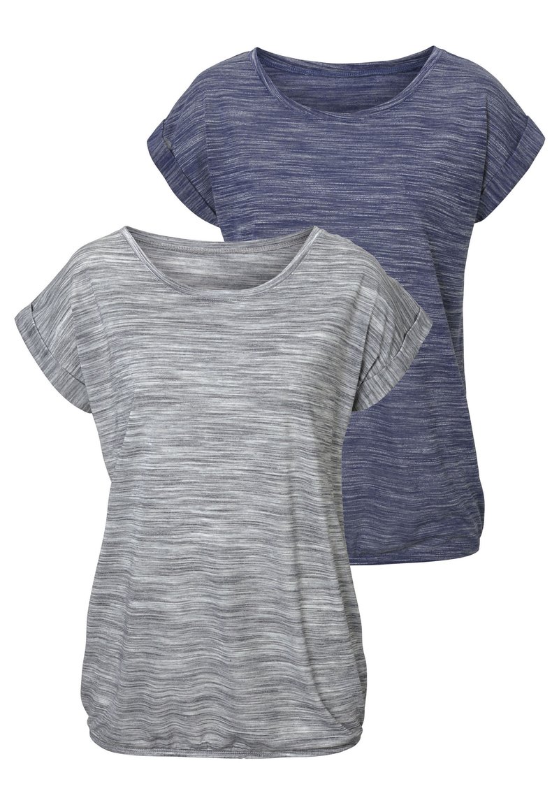 Two short-sleeve tops are displayed: one gray with light gray stripes and another dark blue with a similar striped pattern. Both have a round neckline.