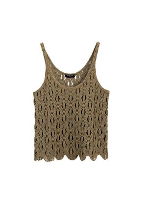 Beżowy top na ramiączkach z szydełkowym, falowanym wzorem i cienkimi paskami na ramionach, z metką "Massimo Dutti" wewnątrz dekoltu.
